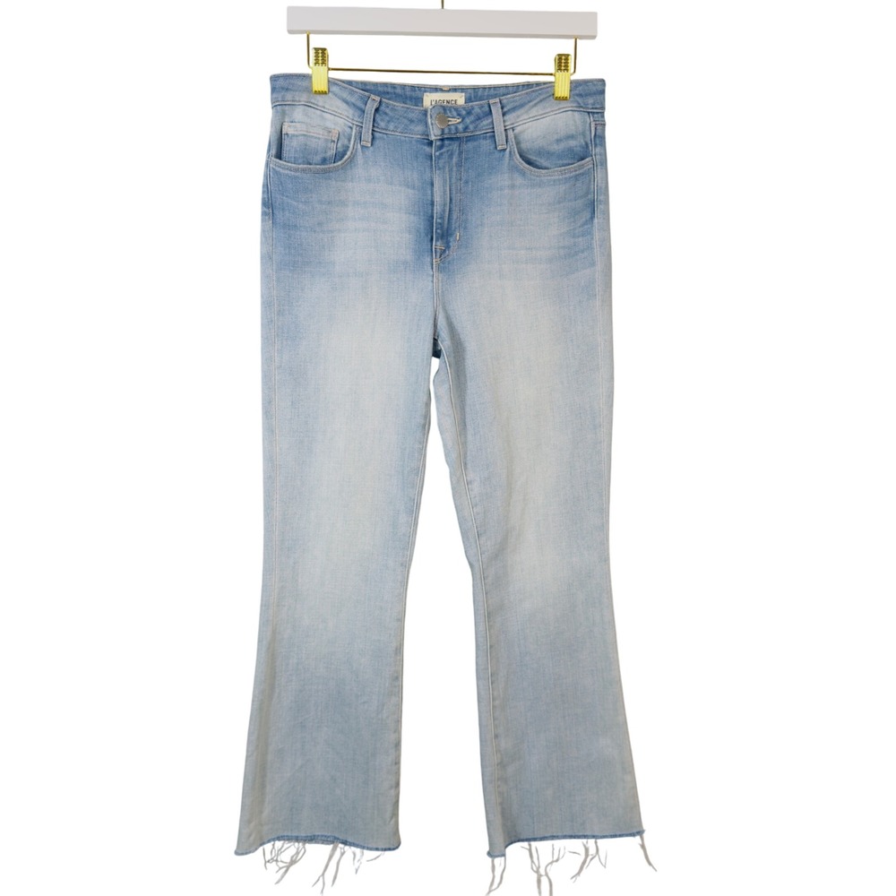 L'AGENCE Kendra High Rise Cropped Flare Jeans Light Wash Frayed Hem Size 28
